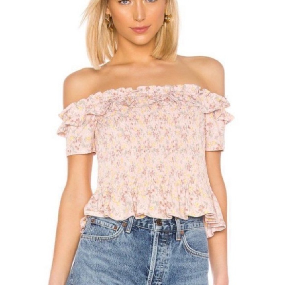 BCBGeneration smocked off the shoulder floral top size L